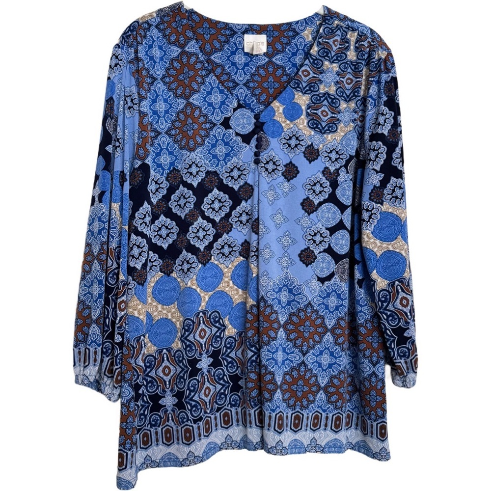 Chico's Blue Boho Print Blouse Size 2 (L/12) Lightweight Summer Spring Casual